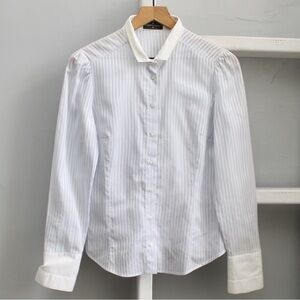 Roberto Verino Women's Blue White Semi-Sheer Striped Button-Up Shirt Size 12